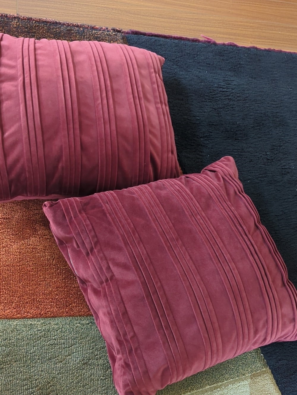 Set of 2 Burgundy Pleated Velour Throw Pillows - 16"x16" Removable Covers
